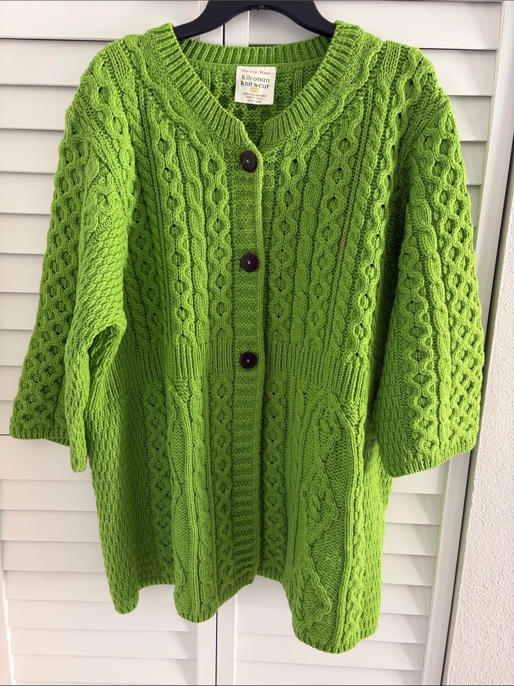 Merino Wool Cardigan Sweater XXL Plus Green Made Ireland Cable Knit Cottagecore